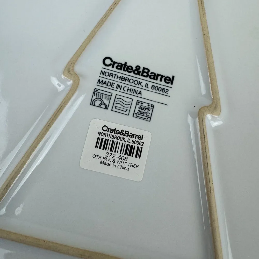 Crate & Barrel White Ceramic Christmas Pine Tree Serving Dish Platter Tray NEW